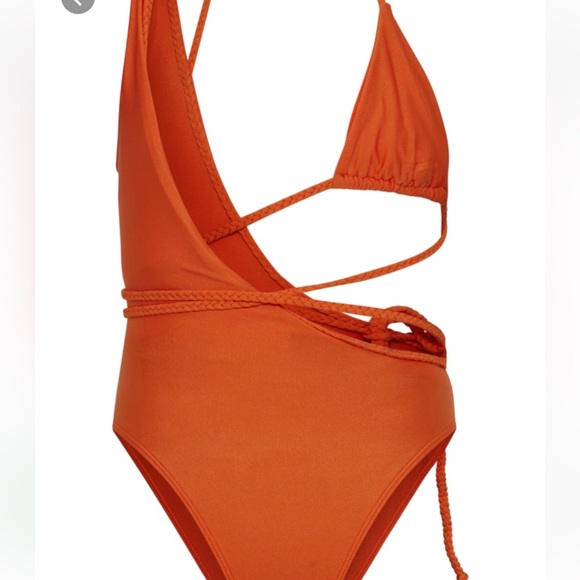 Pretty Little Thing Orange Plait detail assymetric swimsuit - Picture 4 of 8